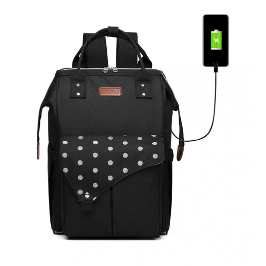 E1945 - KONO POLKA DOT MATERNITY BACKPACK BAG WITH USB CONNECTIVITY - BLACK - The Baggage Shop