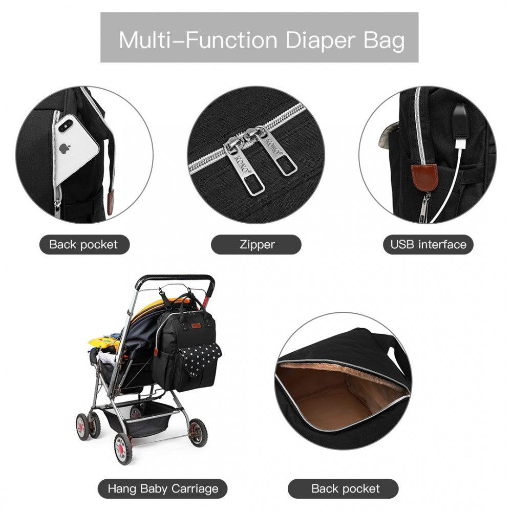 E1945 - KONO POLKA DOT MATERNITY BACKPACK BAG WITH USB CONNECTIVITY - BLACK - The Baggage Shop