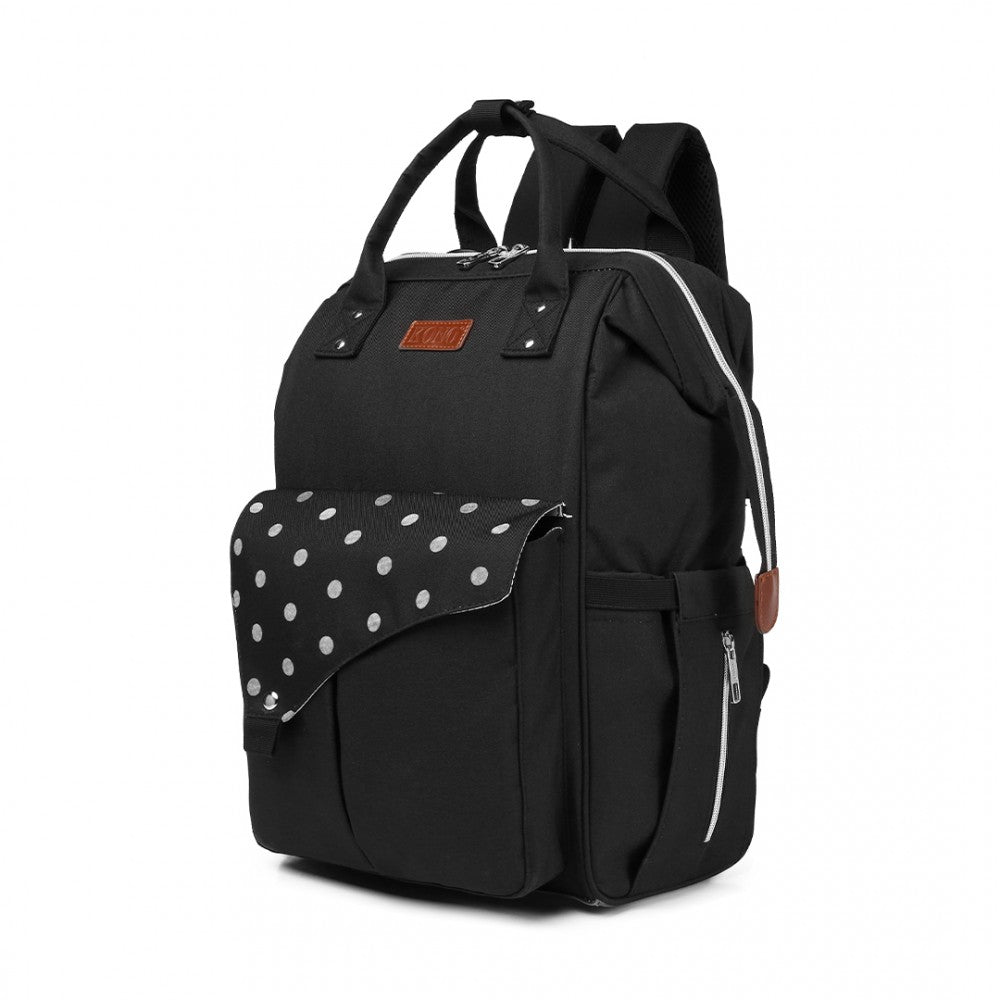E1945 - KONO POLKA DOT MATERNITY BACKPACK BAG WITH USB CONNECTIVITY - BLACK - The Baggage Shop