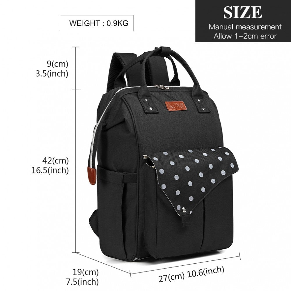 E1945 - KONO POLKA DOT MATERNITY BACKPACK BAG WITH USB CONNECTIVITY - BLACK - The Baggage Shop