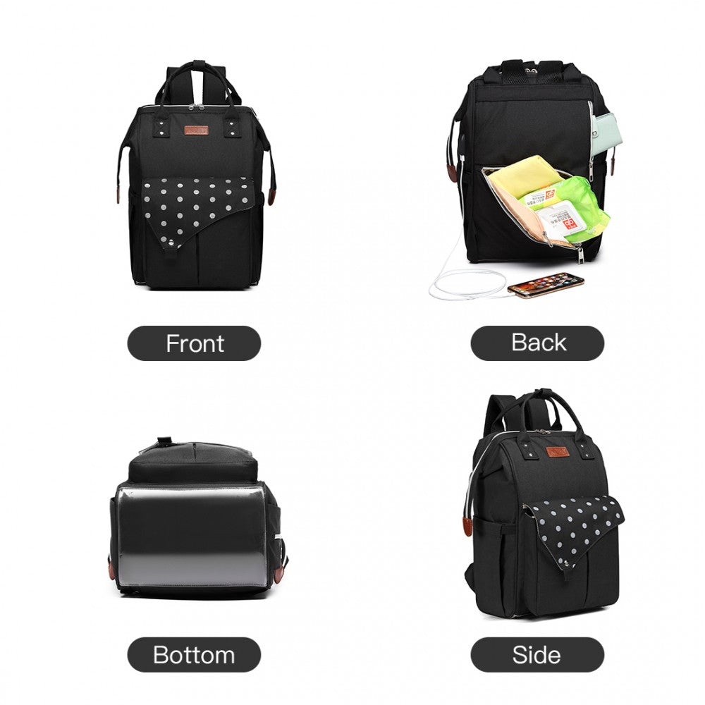 E1945 - KONO POLKA DOT MATERNITY BACKPACK BAG WITH USB CONNECTIVITY - BLACK - The Baggage Shop