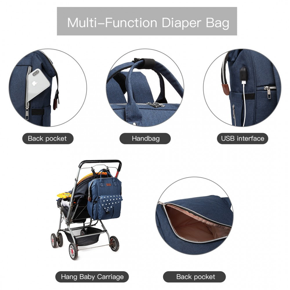 E1945 - KONO POLKA DOT MATERNITY BACKPACK BAG WITH USB CONNECTIVITY - BLUE - The Baggage Shop