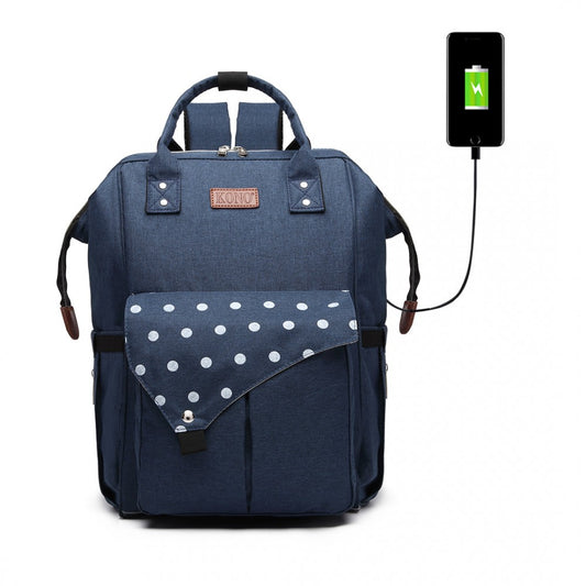 E1945 - KONO POLKA DOT MATERNITY BACKPACK BAG WITH USB CONNECTIVITY - BLUE - The Baggage Shop