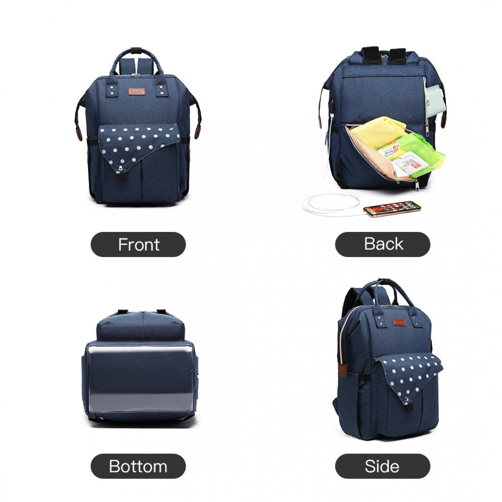 E1945 - KONO POLKA DOT MATERNITY BACKPACK BAG WITH USB CONNECTIVITY - BLUE - The Baggage Shop