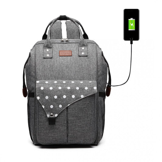 E1945 - KONO POLKA DOT MATERNITY BACKPACK BAG WITH USB CONNECTIVITY - GREY - The Baggage Shop