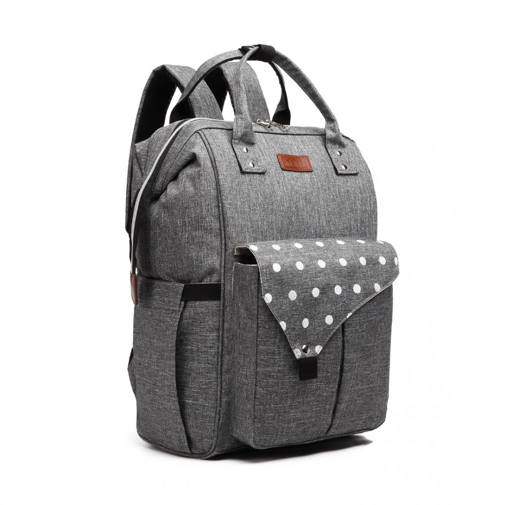 E1945 - KONO POLKA DOT MATERNITY BACKPACK BAG WITH USB CONNECTIVITY - GREY - The Baggage Shop