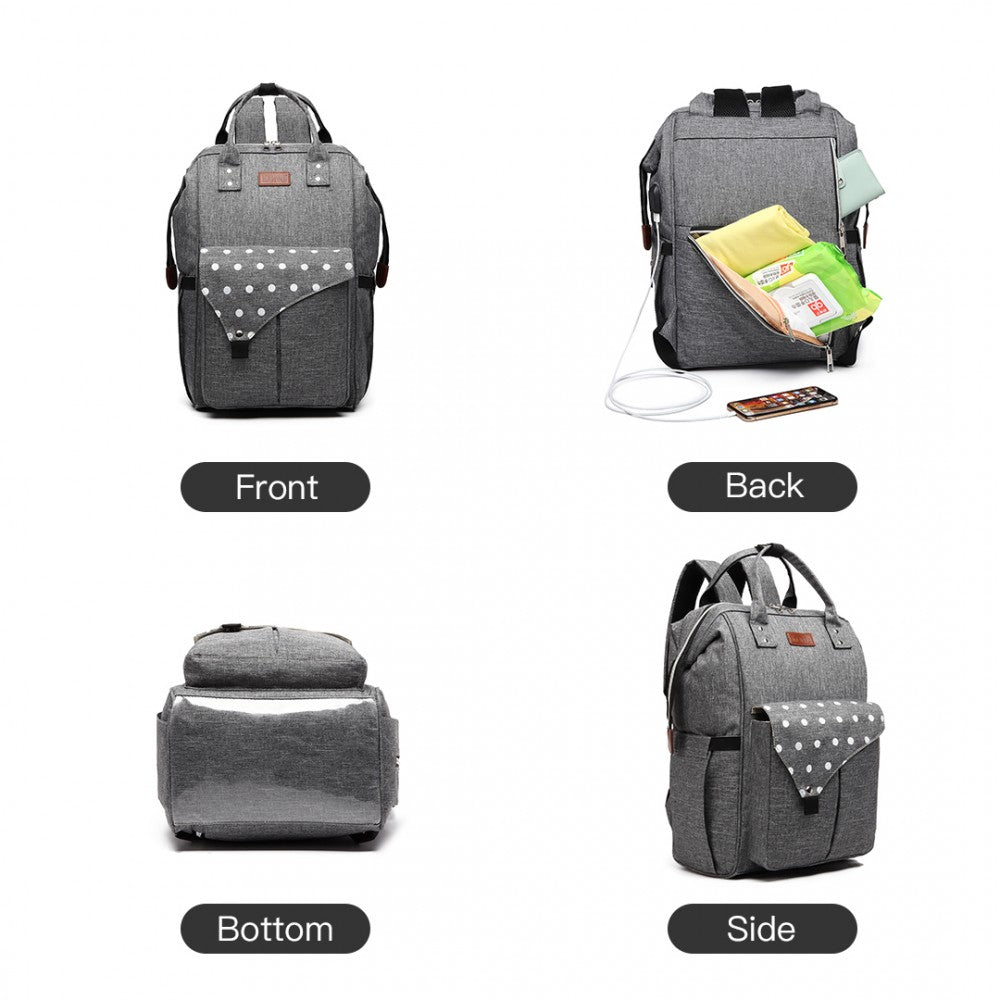 E1945 - KONO POLKA DOT MATERNITY BACKPACK BAG WITH USB CONNECTIVITY - GREY - The Baggage Shop