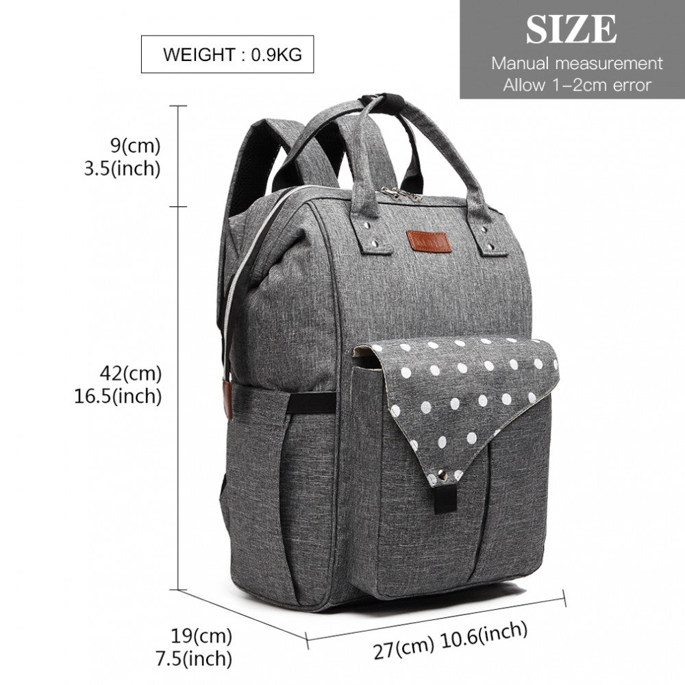 E1945 - KONO POLKA DOT MATERNITY BACKPACK BAG WITH USB CONNECTIVITY - GREY - The Baggage Shop