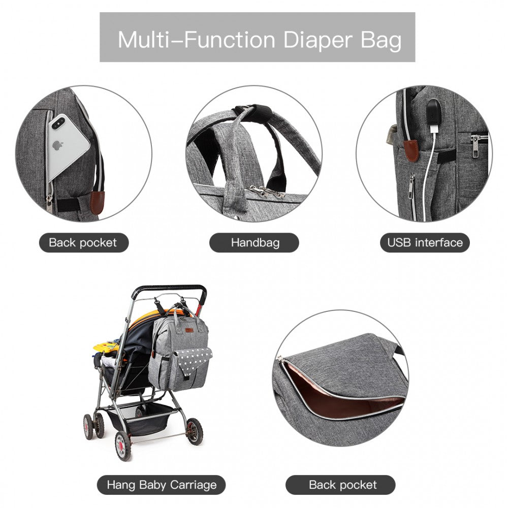 E1945 - KONO POLKA DOT MATERNITY BACKPACK BAG WITH USB CONNECTIVITY - GREY - The Baggage Shop