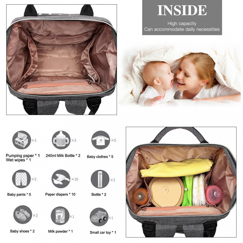 E1945 - KONO POLKA DOT MATERNITY BACKPACK BAG WITH USB CONNECTIVITY - GREY - The Baggage Shop