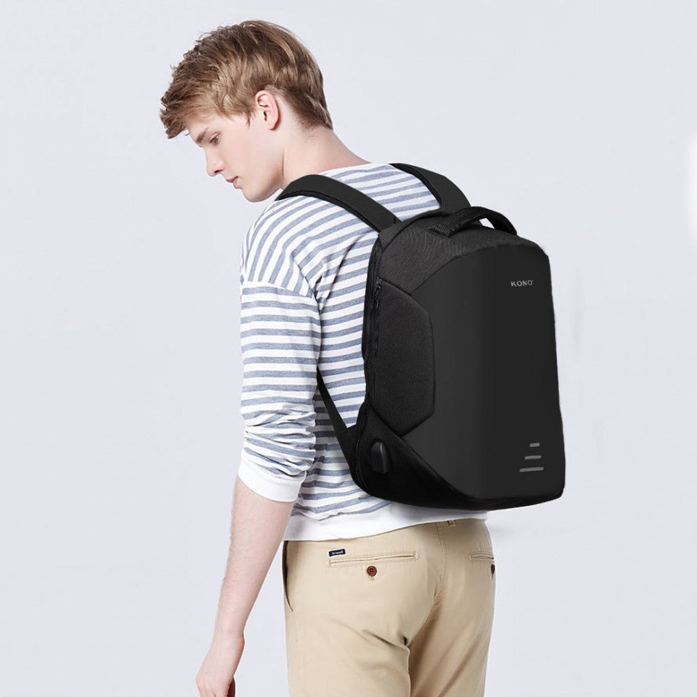 E1946 - KONO REFLECTIVE USB CHARGING INTERFACE BACKPACK - BLACK - The Baggage Shop