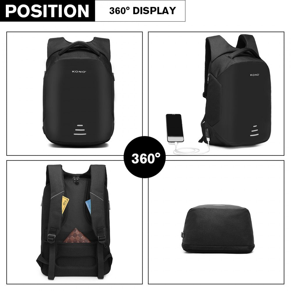 E1946 - KONO REFLECTIVE USB CHARGING INTERFACE BACKPACK - BLACK - The Baggage Shop