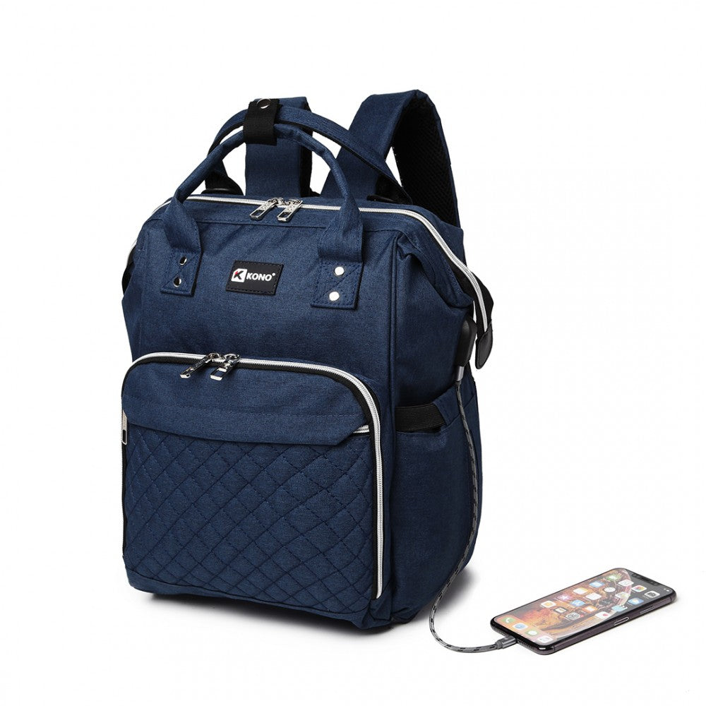 E6705USB - KONO PLAIN WIDE OPENING BABY NAPPY CHANGING BACKPACK WITH USB CONNECTIVITY - NAVY - The Baggage Shop