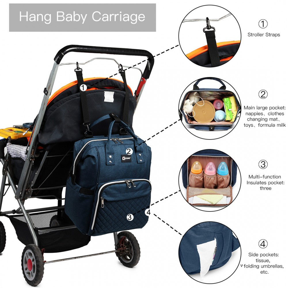 E6705USB - KONO PLAIN WIDE OPENING BABY NAPPY CHANGING BACKPACK WITH USB CONNECTIVITY - NAVY - The Baggage Shop