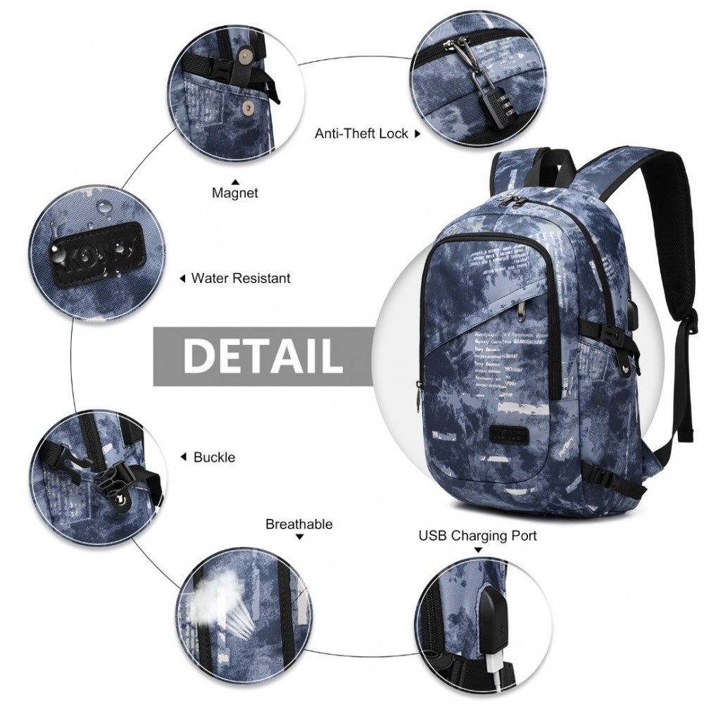 E6715 - KONO BUSINESS LAPTOP BACKPACK WITH USB CHARGING PORT - CLOUDY BLUE - The Baggage Shop