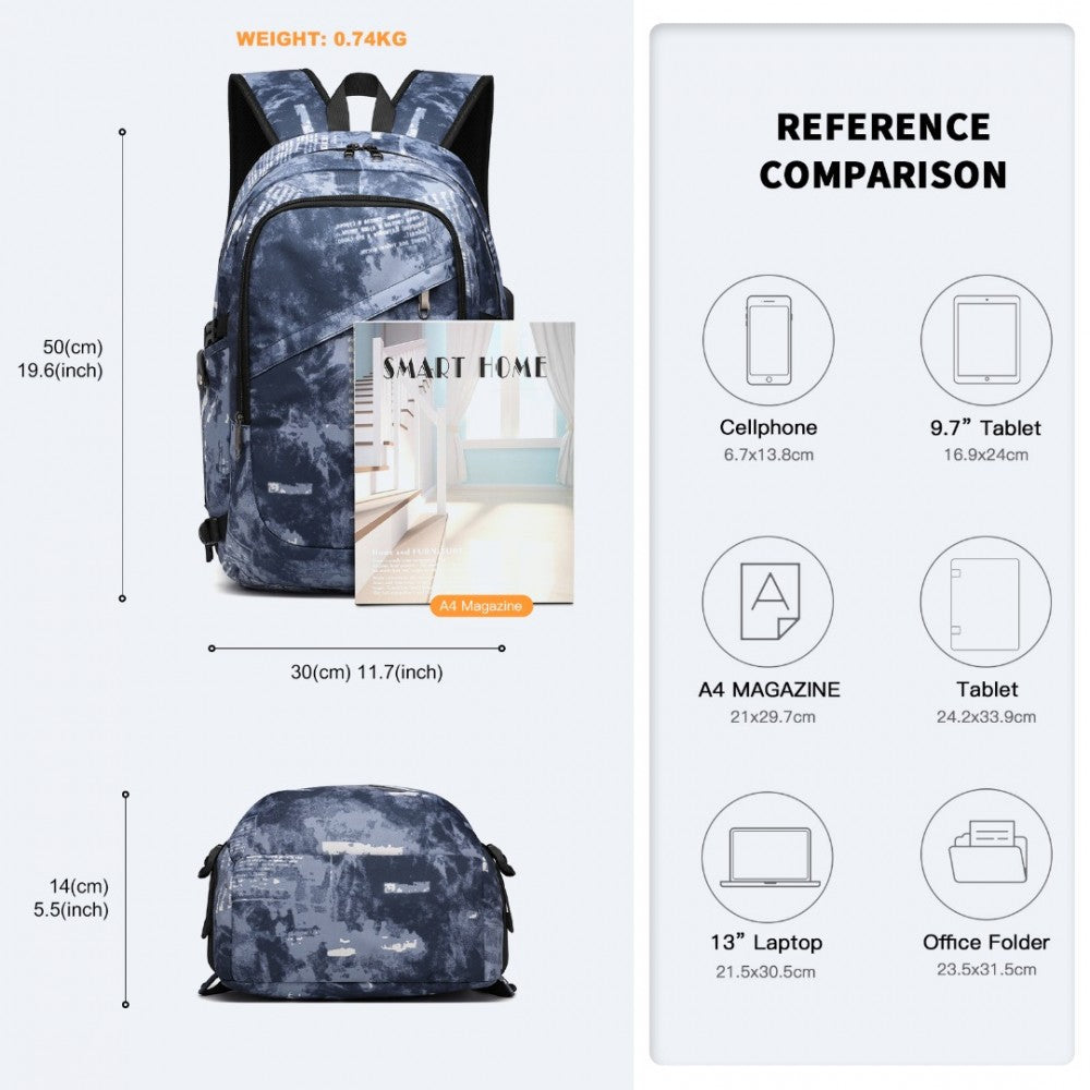 E6715 - KONO BUSINESS LAPTOP BACKPACK WITH USB CHARGING PORT - CLOUDY BLUE - The Baggage Shop
