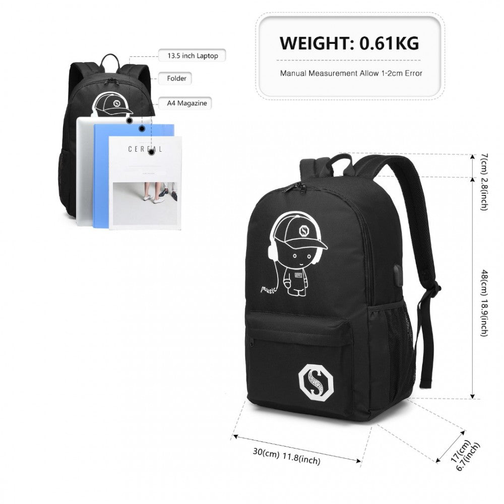 E6879 - KONO GLOW IN THE DARK WATERPROOF USB CHARGING BACKPACK WITH PENCIL CASE - BLACK - The Baggage Shop