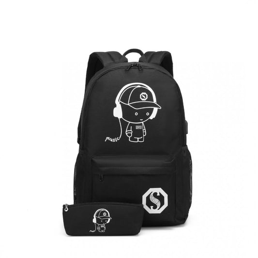 E6879 - KONO GLOW IN THE DARK WATERPROOF USB CHARGING BACKPACK WITH PENCIL CASE - BLACK - The Baggage Shop