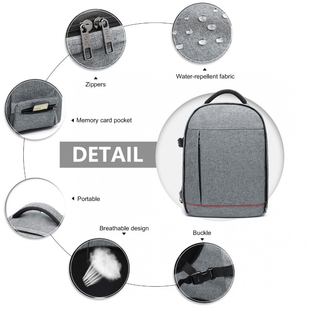 E6928 - KONO WATER RESISTANT SHOCKPROOF DSLR CAMERA BACKPACK - LIGHT GREY - The Baggage Shop