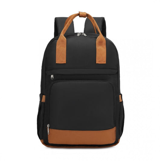 EQ2401 - KONO MULTI-COMPARTMENT LAPTOP BACKPACK WITH TYPE-C USB CHARGING PORT AND SMALL POUCH FOR DAILY COMMUTE AND TRAVEL - BLACK AND BROWN - The Baggage Shop