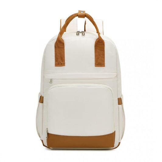 EQ2401 - KONO MULTI-COMPARTMENT LAPTOP BACKPACK WITH TYPE-C USB CHARGING PORT AND SMALL POUCH FOR DAILY COMMUTE AND TRAVEL - CREAM AND BROWN - The Baggage Shop