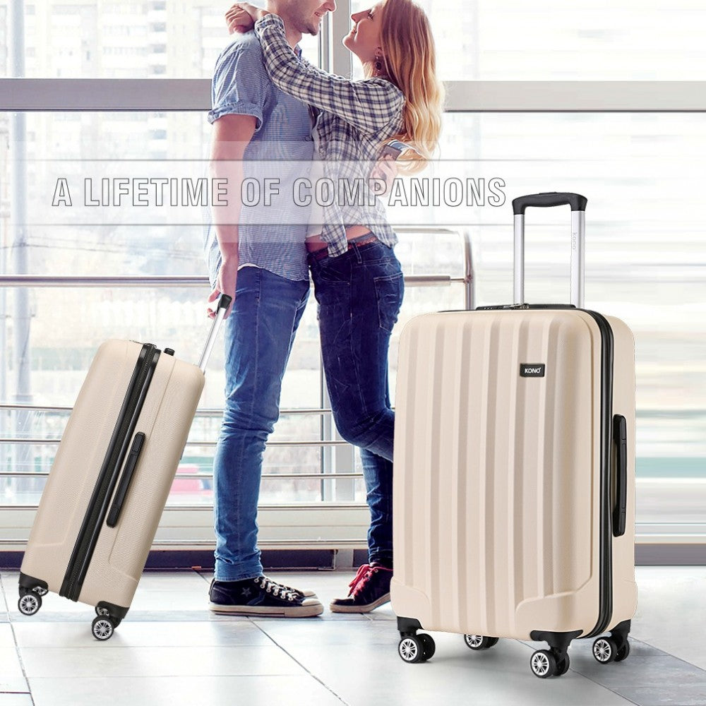 K1773-1L - KONO 19/24/28 INCH 3 PIECE SET STRIPED ABS HARD SHELL LUGGAGE WITH 360-DEGREE SPINNER WHEELS - BEIGE - The Baggage Shop