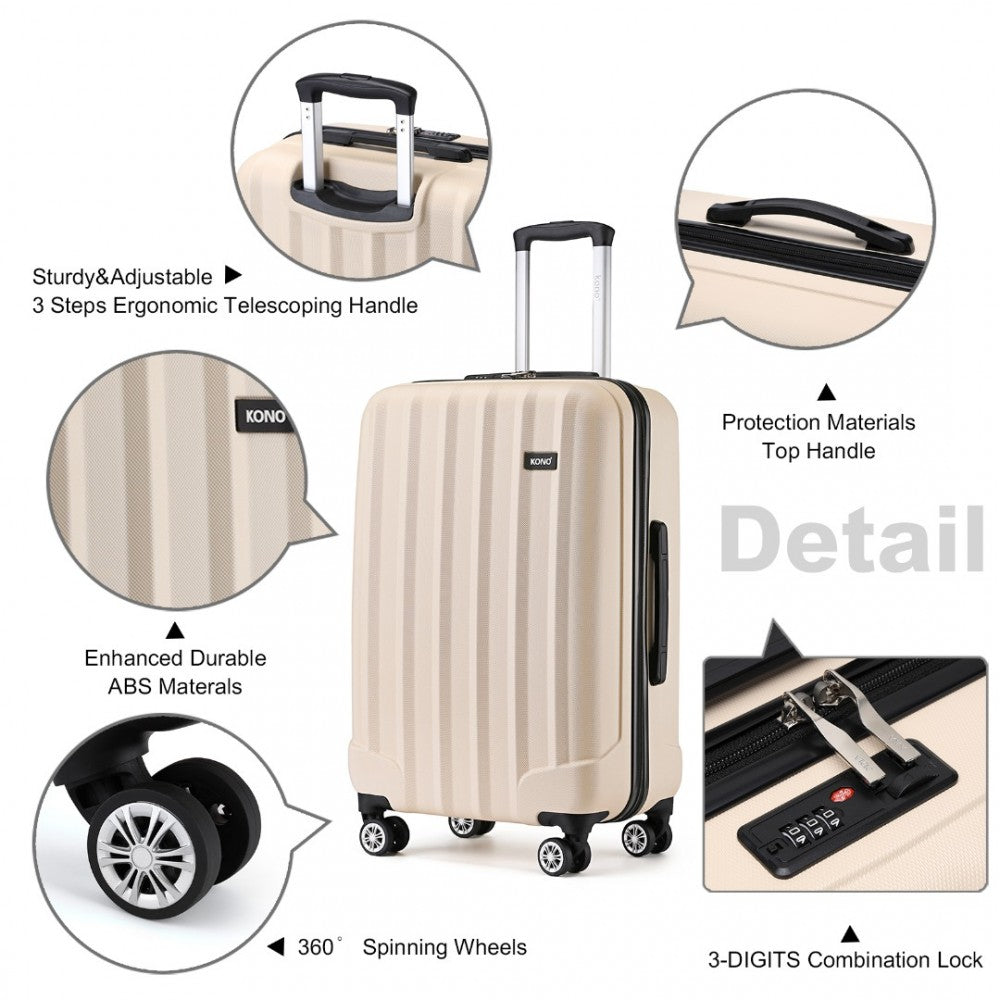 K1773-1L - KONO 19/24/28 INCH 3 PIECE SET STRIPED ABS HARD SHELL LUGGAGE WITH 360-DEGREE SPINNER WHEELS - BEIGE - The Baggage Shop