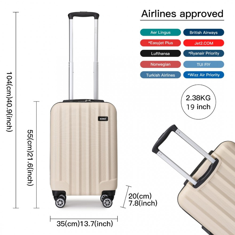 K1773-1L - KONO 19/24/28 INCH 3 PIECE SET STRIPED ABS HARD SHELL LUGGAGE WITH 360-DEGREE SPINNER WHEELS - BEIGE - The Baggage Shop
