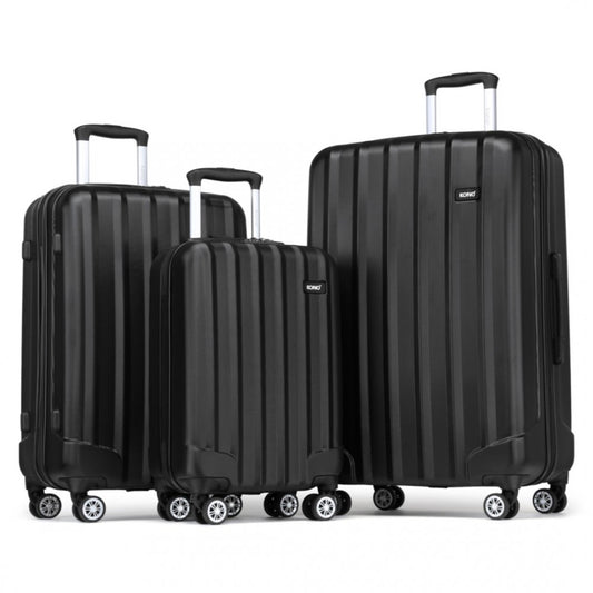 K1773-1L - KONO 19/24/28 INCH 3 PIECE SET STRIPED ABS HARD SHELL LUGGAGE WITH 360-DEGREE SPINNER WHEELS - BLACK - The Baggage Shop