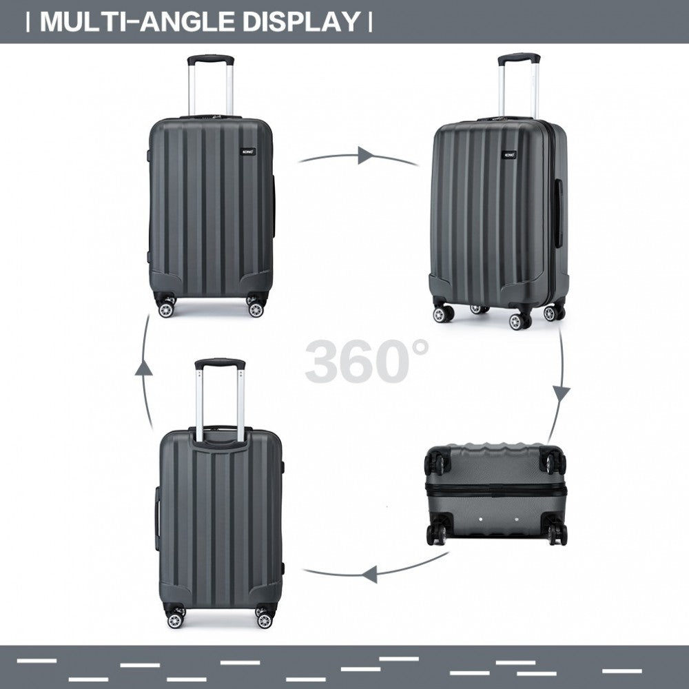 K1773-1L - KONO 19/24/28 INCH 3 PIECE SET STRIPED ABS HARD SHELL LUGGAGE WITH 360-DEGREE SPINNER WHEELS - GREY - The Baggage Shop