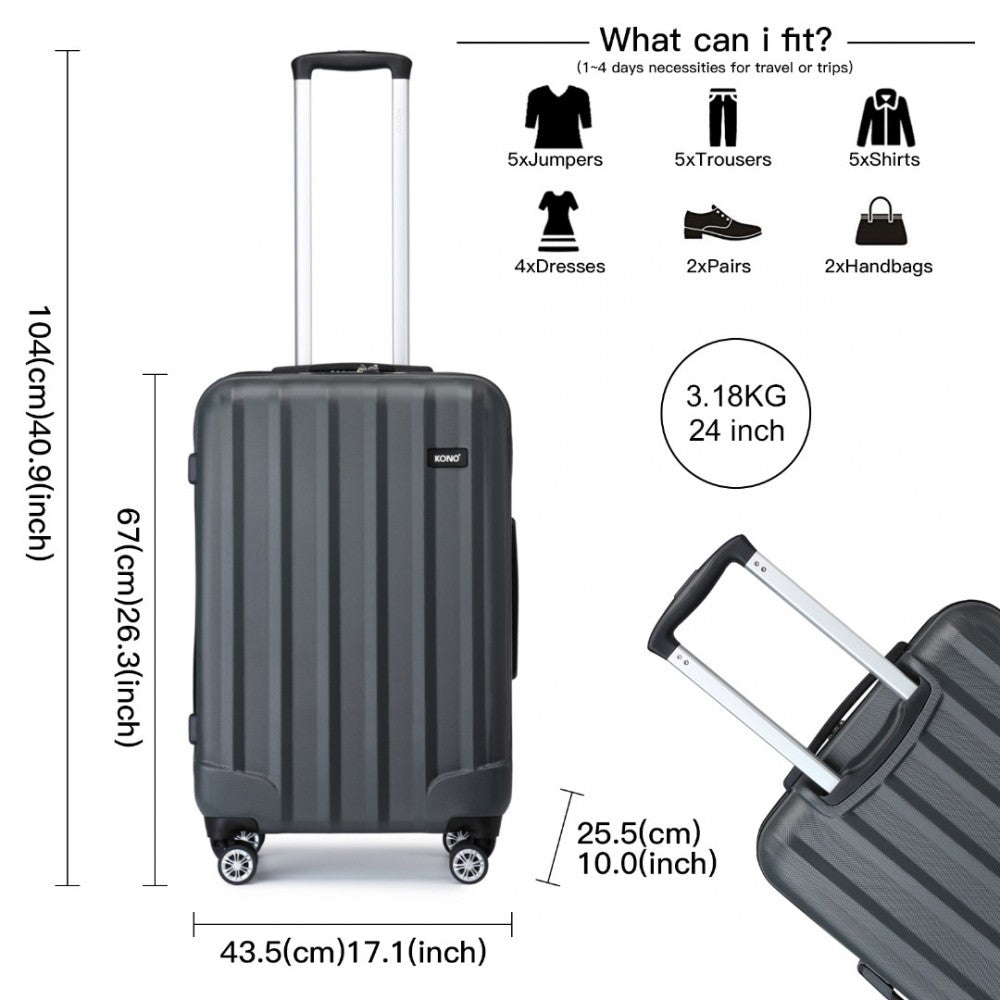 K1773-1L - KONO 19/24/28 INCH 3 PIECE SET STRIPED ABS HARD SHELL LUGGAGE WITH 360-DEGREE SPINNER WHEELS - GREY - The Baggage Shop