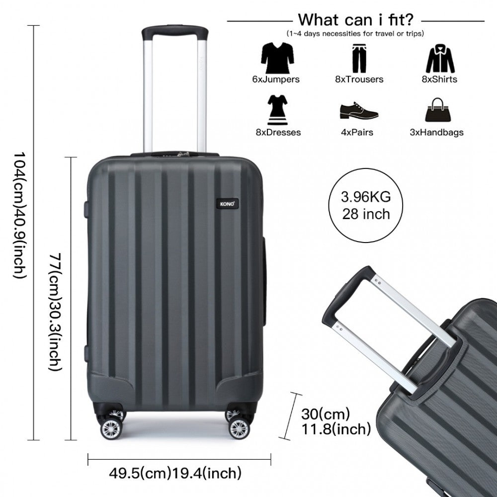 K1773-1L - KONO 19/24/28 INCH 3 PIECE SET STRIPED ABS HARD SHELL LUGGAGE WITH 360-DEGREE SPINNER WHEELS - GREY - The Baggage Shop
