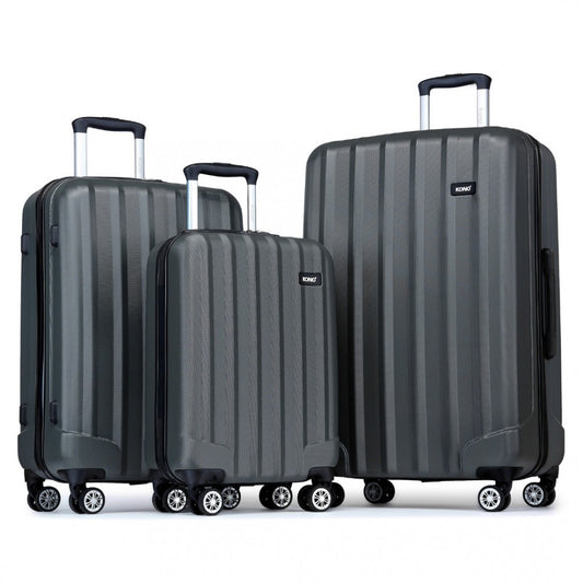 K1773-1L - KONO 19/24/28 INCH 3 PIECE SET STRIPED ABS HARD SHELL LUGGAGE WITH 360-DEGREE SPINNER WHEELS - GREY - The Baggage Shop