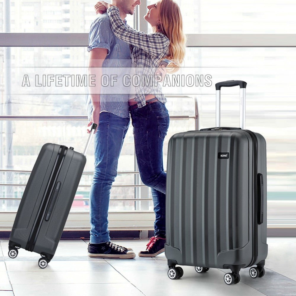 K1773-1L - KONO 19/24/28 INCH 3 PIECE SET STRIPED ABS HARD SHELL LUGGAGE WITH 360-DEGREE SPINNER WHEELS - GREY - The Baggage Shop