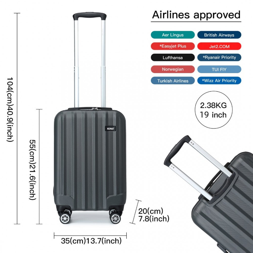 K1773-1L - KONO 19/24/28 INCH 3 PIECE SET STRIPED ABS HARD SHELL LUGGAGE WITH 360-DEGREE SPINNER WHEELS - GREY - The Baggage Shop