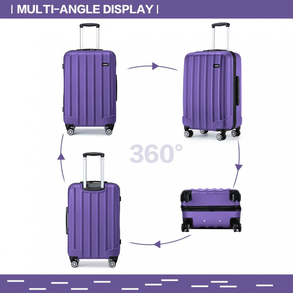 K1773-1L - KONO 19/24/28 INCH 3 PIECE SET STRIPED ABS HARD SHELL LUGGAGE WITH 360-DEGREE SPINNER WHEELS - PURPLE - The Baggage Shop