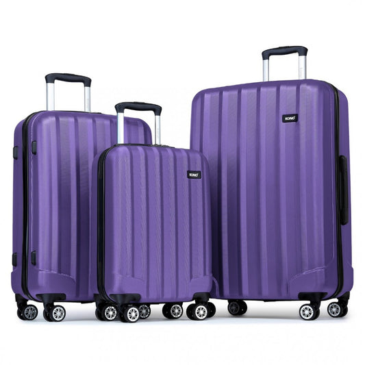 K1773-1L - KONO 19/24/28 INCH 3 PIECE SET STRIPED ABS HARD SHELL LUGGAGE WITH 360-DEGREE SPINNER WHEELS - PURPLE - The Baggage Shop
