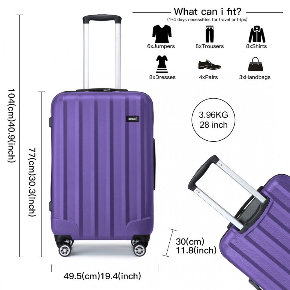 K1773-1L - KONO 19/24/28 INCH 3 PIECE SET STRIPED ABS HARD SHELL LUGGAGE WITH 360-DEGREE SPINNER WHEELS - PURPLE - The Baggage Shop