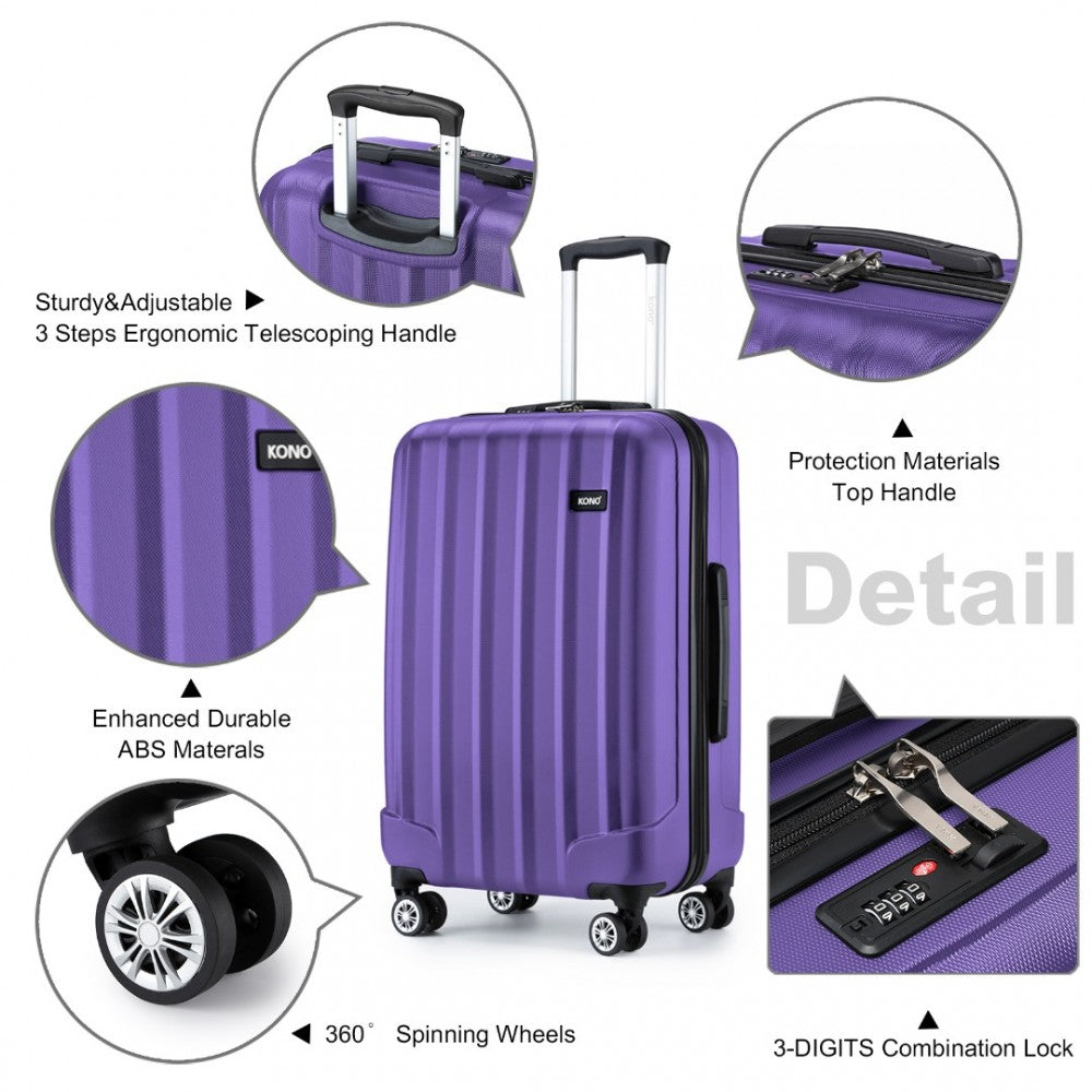 K1773-1L - KONO 19/24/28 INCH 3 PIECE SET STRIPED ABS HARD SHELL LUGGAGE WITH 360-DEGREE SPINNER WHEELS - PURPLE - The Baggage Shop