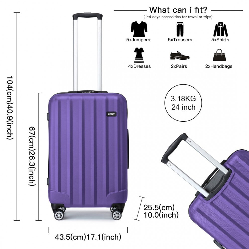 K1773-1L - KONO 19/24/28 INCH 3 PIECE SET STRIPED ABS HARD SHELL LUGGAGE WITH 360-DEGREE SPINNER WHEELS - PURPLE - The Baggage Shop