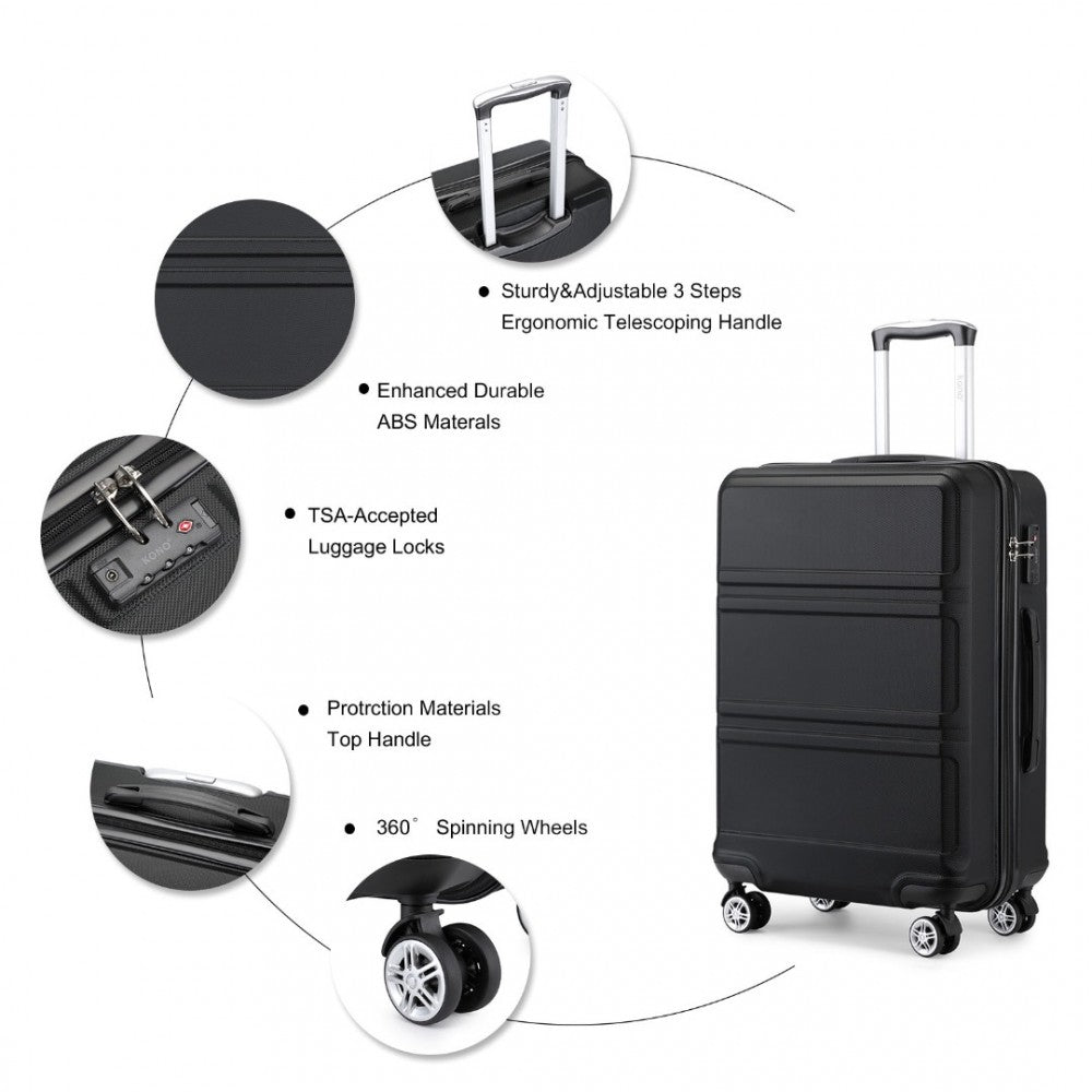 K1871-1L - KONO ABS SCULPTED HORIZONTAL DESIGN 3 PIECE SUITCASE SET - BLACK - The Baggage Shop