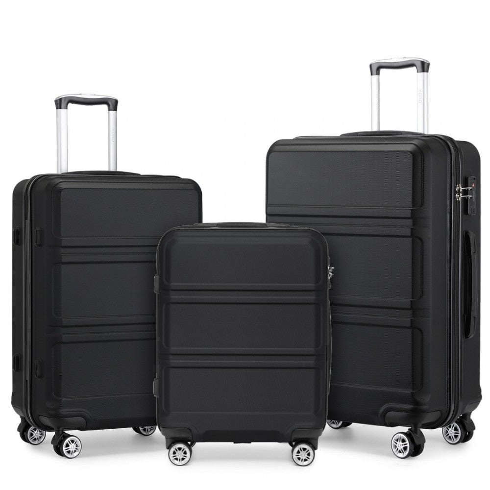 K1871-1L - KONO ABS SCULPTED HORIZONTAL DESIGN 3 PIECE SUITCASE SET - BLACK - The Baggage Shop