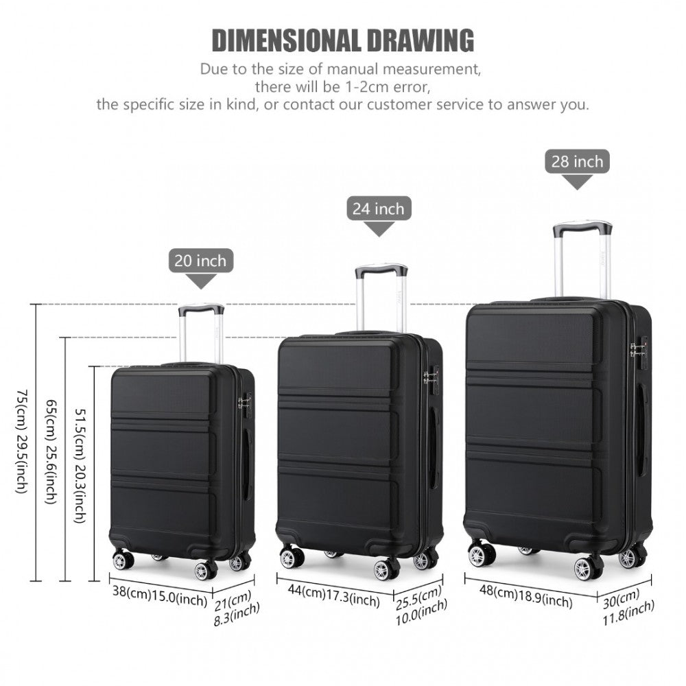 K1871-1L - KONO ABS SCULPTED HORIZONTAL DESIGN 3 PIECE SUITCASE SET - BLACK - The Baggage Shop