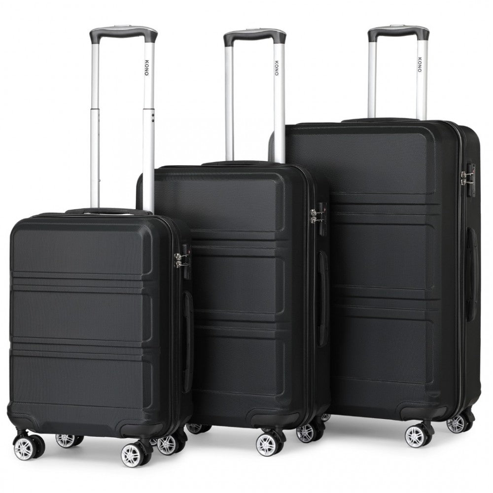 K1871-1L - KONO ABS SCULPTED HORIZONTAL DESIGN 3 PIECE SUITCASE SET - BLACK - The Baggage Shop