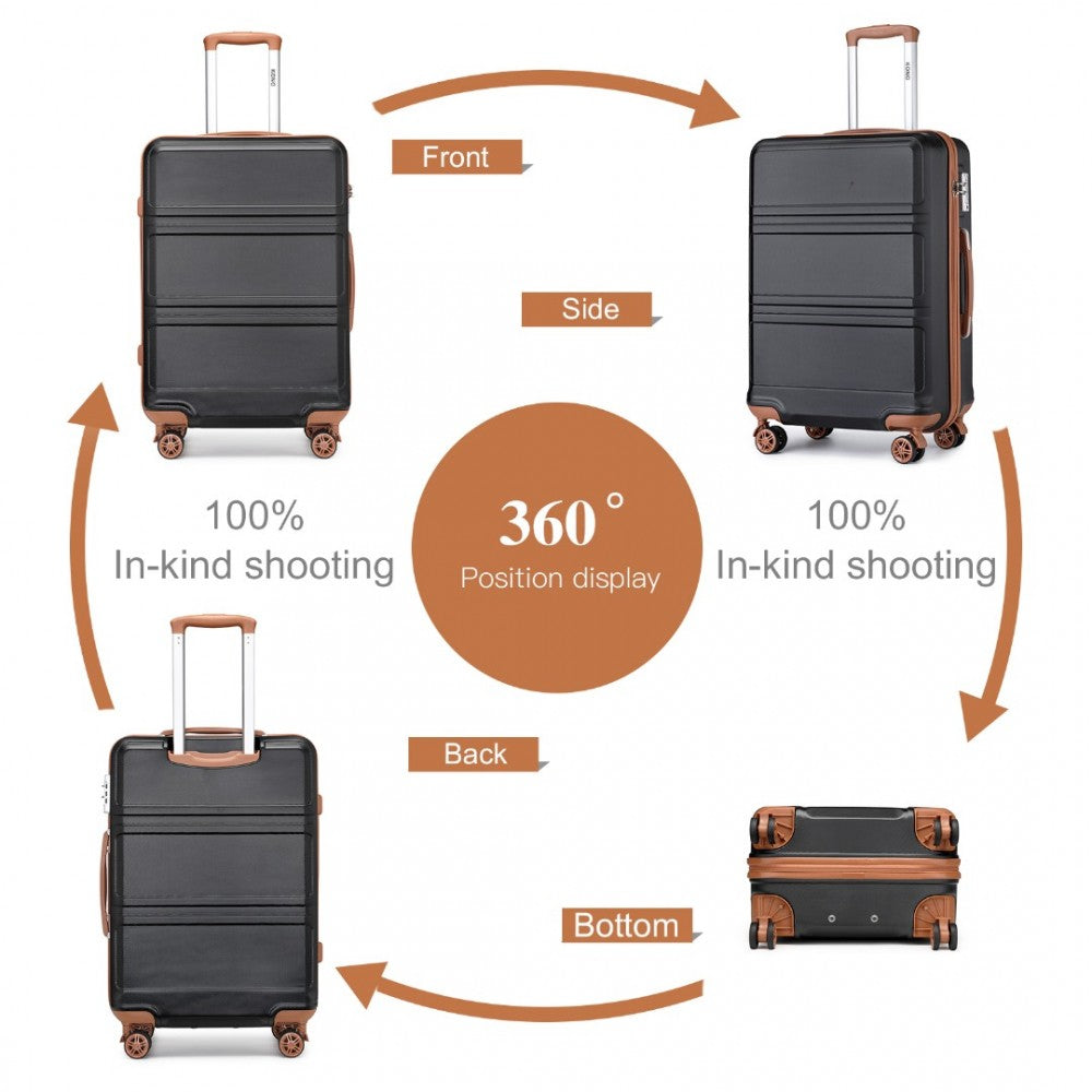 K1871-1L - KONO ABS SCULPTED HORIZONTAL DESIGN 3 PIECE SUITCASE SET - BLACK AND BROWN - The Baggage Shop