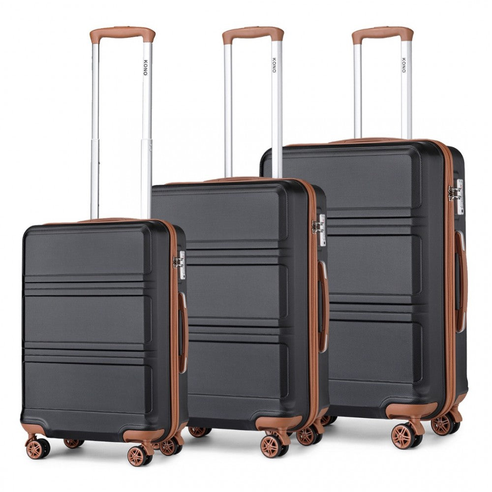 K1871-1L - KONO ABS SCULPTED HORIZONTAL DESIGN 3 PIECE SUITCASE SET - BLACK AND BROWN - The Baggage Shop