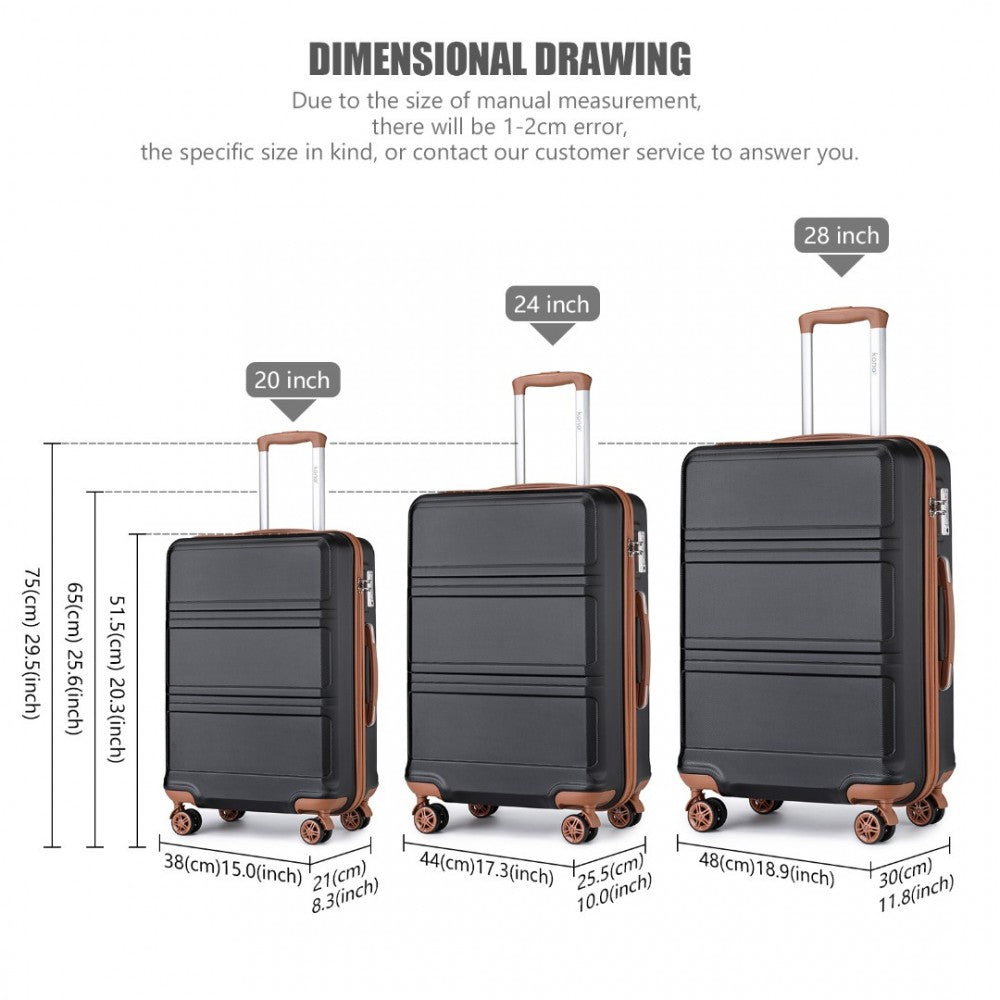 K1871-1L - KONO ABS SCULPTED HORIZONTAL DESIGN 3 PIECE SUITCASE SET - BLACK AND BROWN - The Baggage Shop