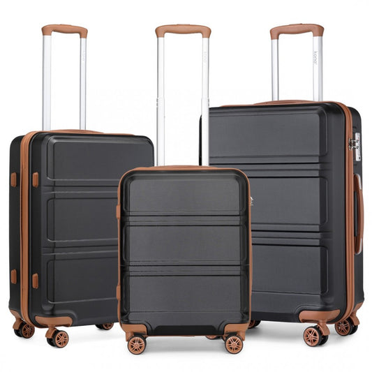 K1871-1L - KONO ABS SCULPTED HORIZONTAL DESIGN 3 PIECE SUITCASE SET - BLACK AND BROWN - The Baggage Shop