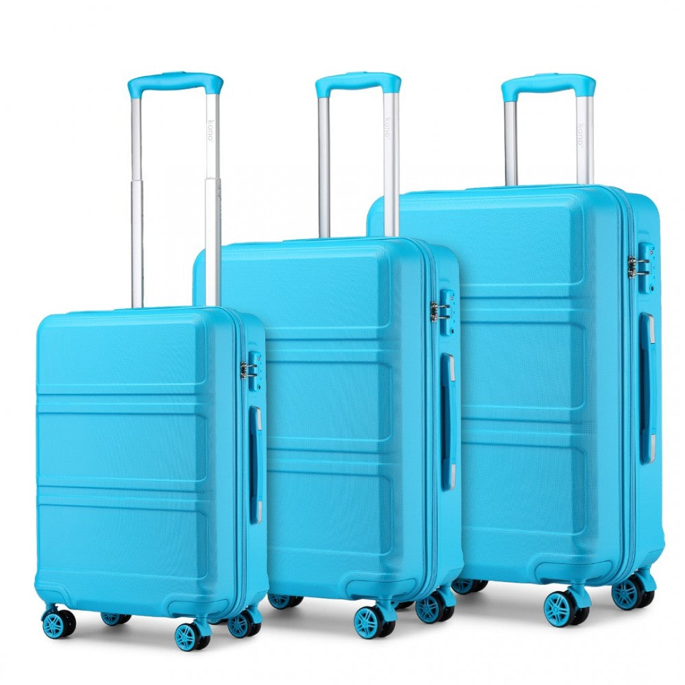 K1871-1L - KONO ABS SCULPTED HORIZONTAL DESIGN 3 PIECE SUITCASE SET - BLUE - The Baggage Shop