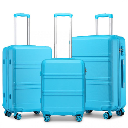 K1871-1L - KONO ABS SCULPTED HORIZONTAL DESIGN 3 PIECE SUITCASE SET - BLUE - The Baggage Shop
